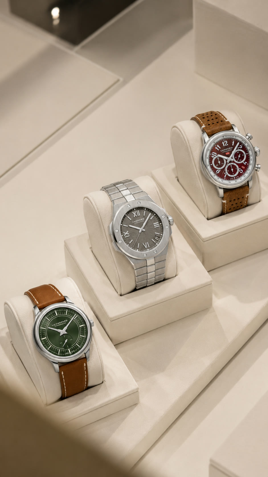 The three Chopard watches on boutique display