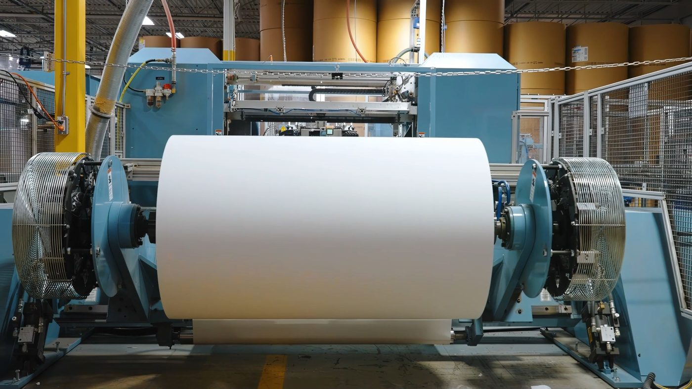 Massive paper jumbo roll on industrial winding machine