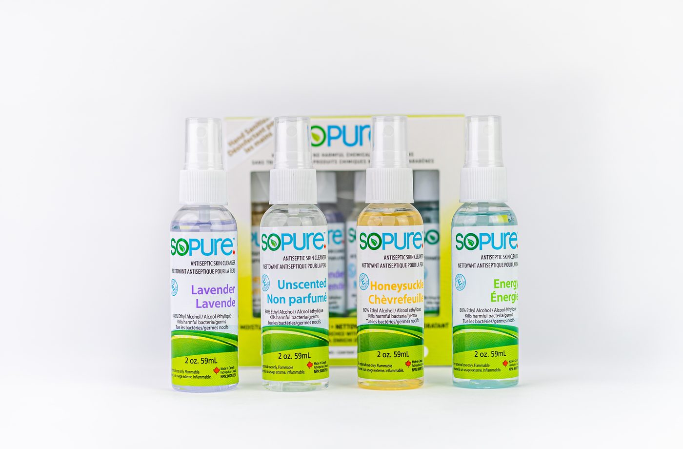 SoPure 4-scent spray bottles with packaging