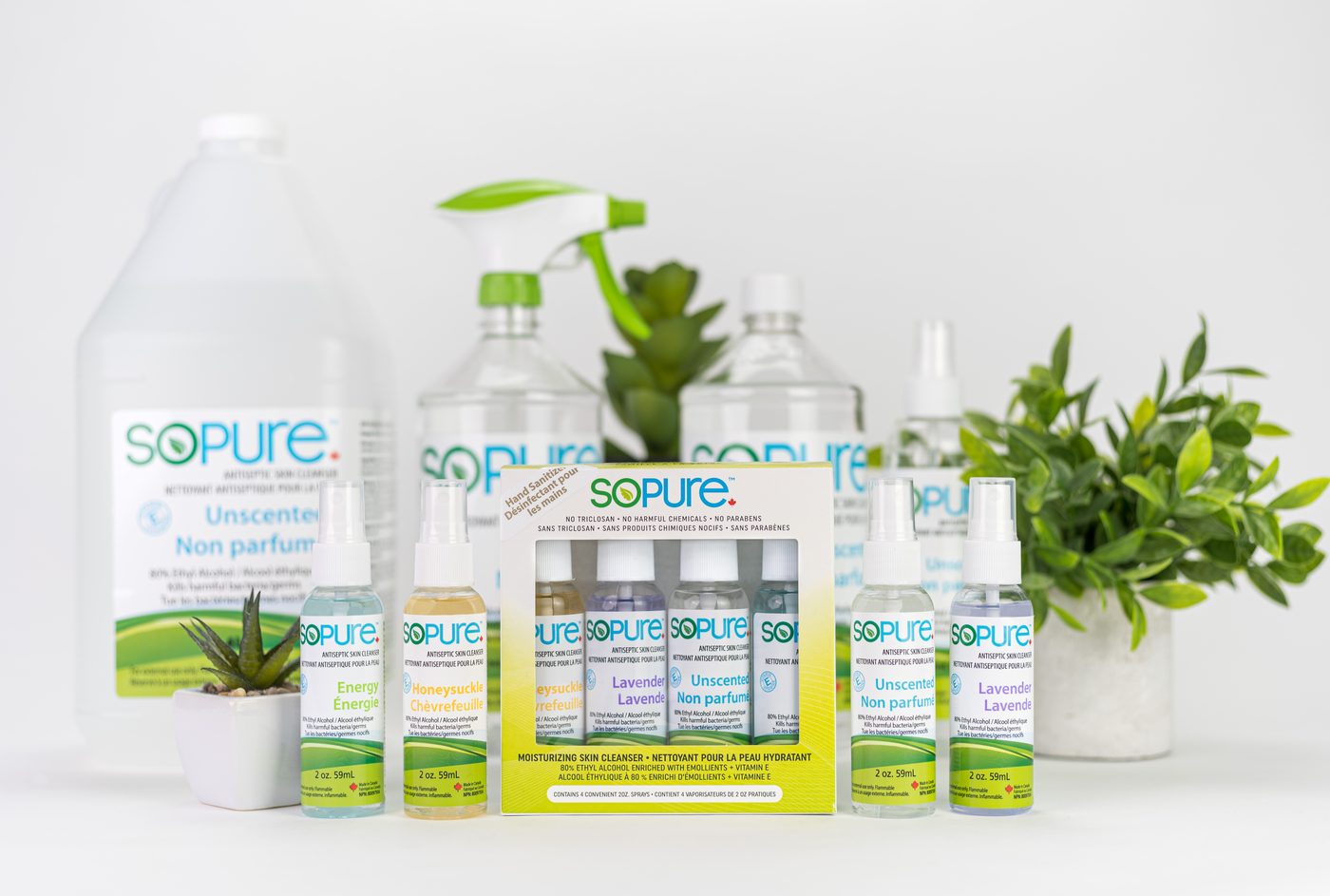 SoPure full product lineup with greenery styling