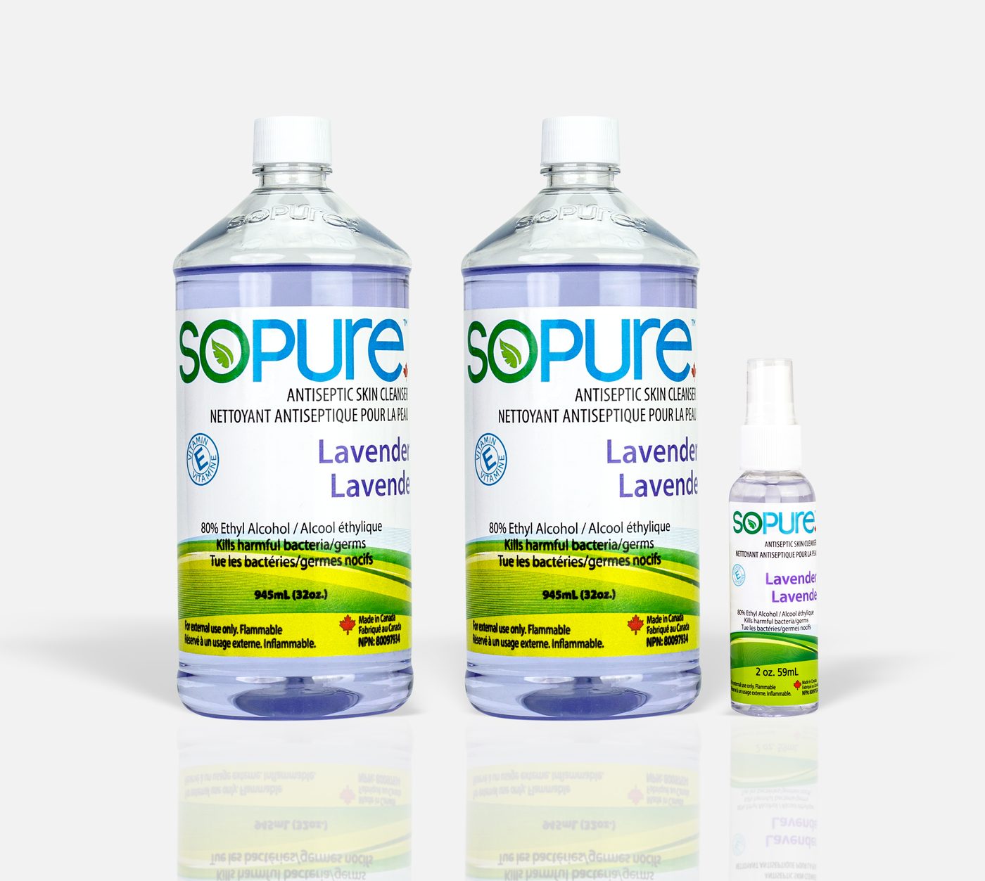 SoPure bottles on reflective surface